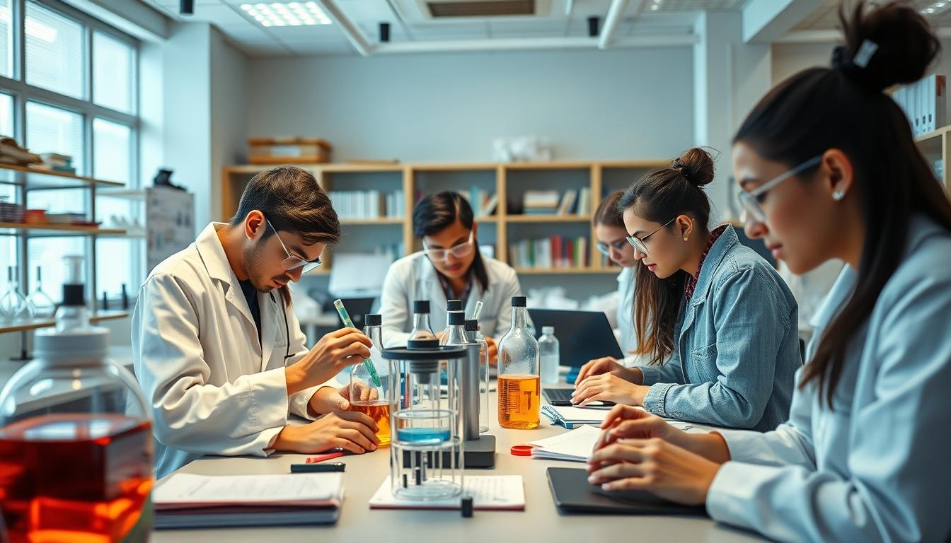 Students studying together in modern classroom